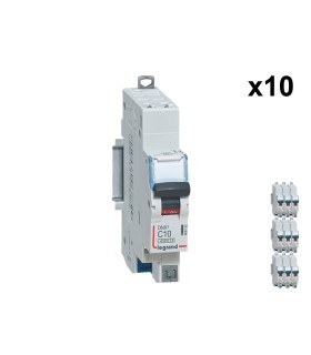 Lot de 10 Disjoncteurs DNX³ 4500 bornes automatiques P+N 230V 10A - 4,5kA - courbe C