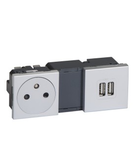 Prise 2P+T Surface + Chargeur 2 USB Type A 3A 15W Mosaic Aluminium