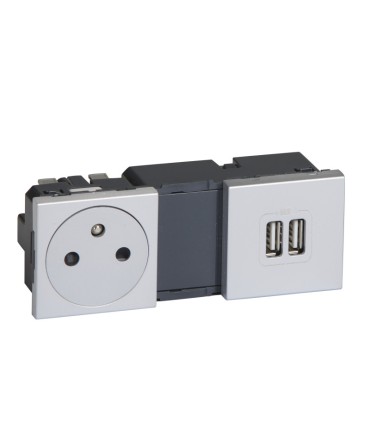 Prise 2P+T Surface + Chargeur 2 USB Type A 3A 15W Mosaic Aluminium