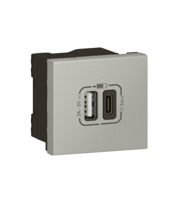 Chargeur USB Type A +C 3A 15W Mosaic Link raccordement latéral 2 modules Aluminium