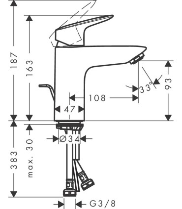 Mitigeur lavabo Hansgrohe LOGIS 100 CH3 avec tirette et vidage synthétique. Chromé.