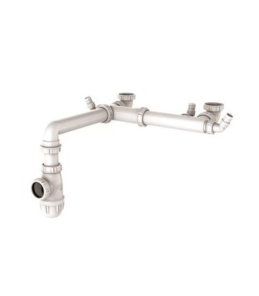 Tubulure gain d'espace pour évier 2 cuves décalées avec siphon