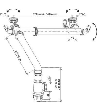 Tubulure gain d'espace pour évier 2 cuves décalées avec siphon
