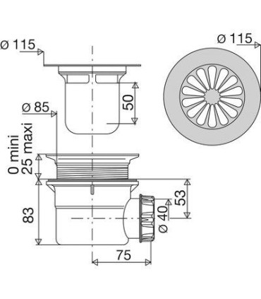 Bonde de douche pour receveur Ø 90 mm & grille inox Ø 115 mm