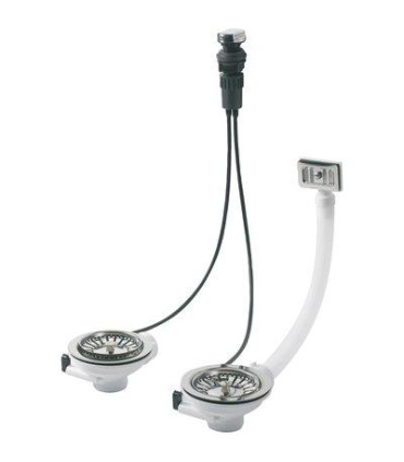 Bondes d'évier 2 cuves Ø 90 mm, cde automatique à câble, avec trop-plein.