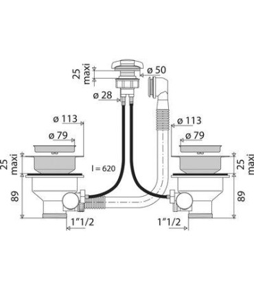 Bondes d'évier 2 cuves Ø 90 mm, cde automatique à câble, avec trop-plein.