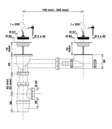 Équipement complet évier 2 cuves, trop plein incorporé