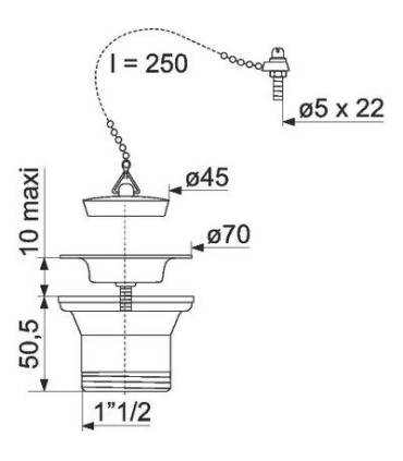 Bonde pour évier 1 cuve Ø 50 mm avec bouchon-chaînette