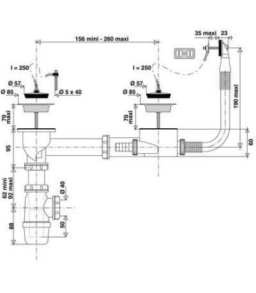Kit de vidage complet évier 2 cuves Ø 60 mm, extra-plat avec trop plein