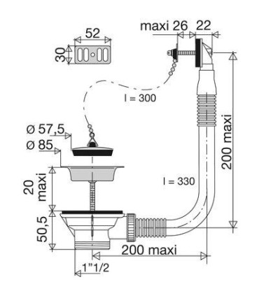 Bonde d'évier à bouchon-chainette Ø 60 mm avec trop plein pour 1 cuve