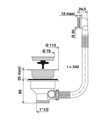 Bonde à panier pour évier avec trop plein, Ø 90 mm spécial éviers en matériau épais