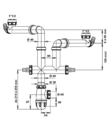 Tubulure gain d'espace universelle pour évier 2 cuves, joints intégrés, montage ultra rapide