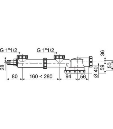 Tubulure de raccordement pour évier 2 bacs Extensible de 160 à 280 mm avec siphon extra-plat
