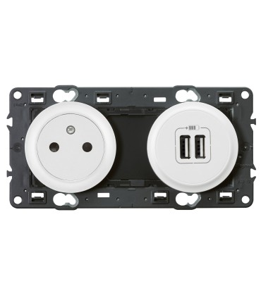 Prise de courant Surface avec terre Céliane + double chargeur USB, enjoliveurs blanc