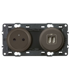 Prise de courant Surface avec terre Céliane + double chargeur USB Legrand, enjoliveurs graphite.