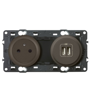 Prise de courant Surface avec terre Céliane + double chargeur USB Legrand, enjoliveurs graphite.