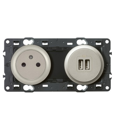 Prise de courant Surface 2P+T Céliane + double chargeur USB précâblées, enjoliveurs titane (alu)