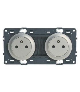 Double prise Surface 2P+T Céliane pré câblées enjoliveurs Titane (alu)