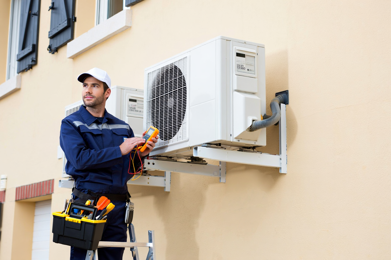 Technicien qualifié inspectant une pompe à chaleur