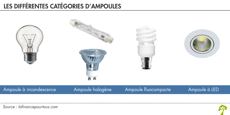 ampoules incandescence, halogène, LED et fluocompacte