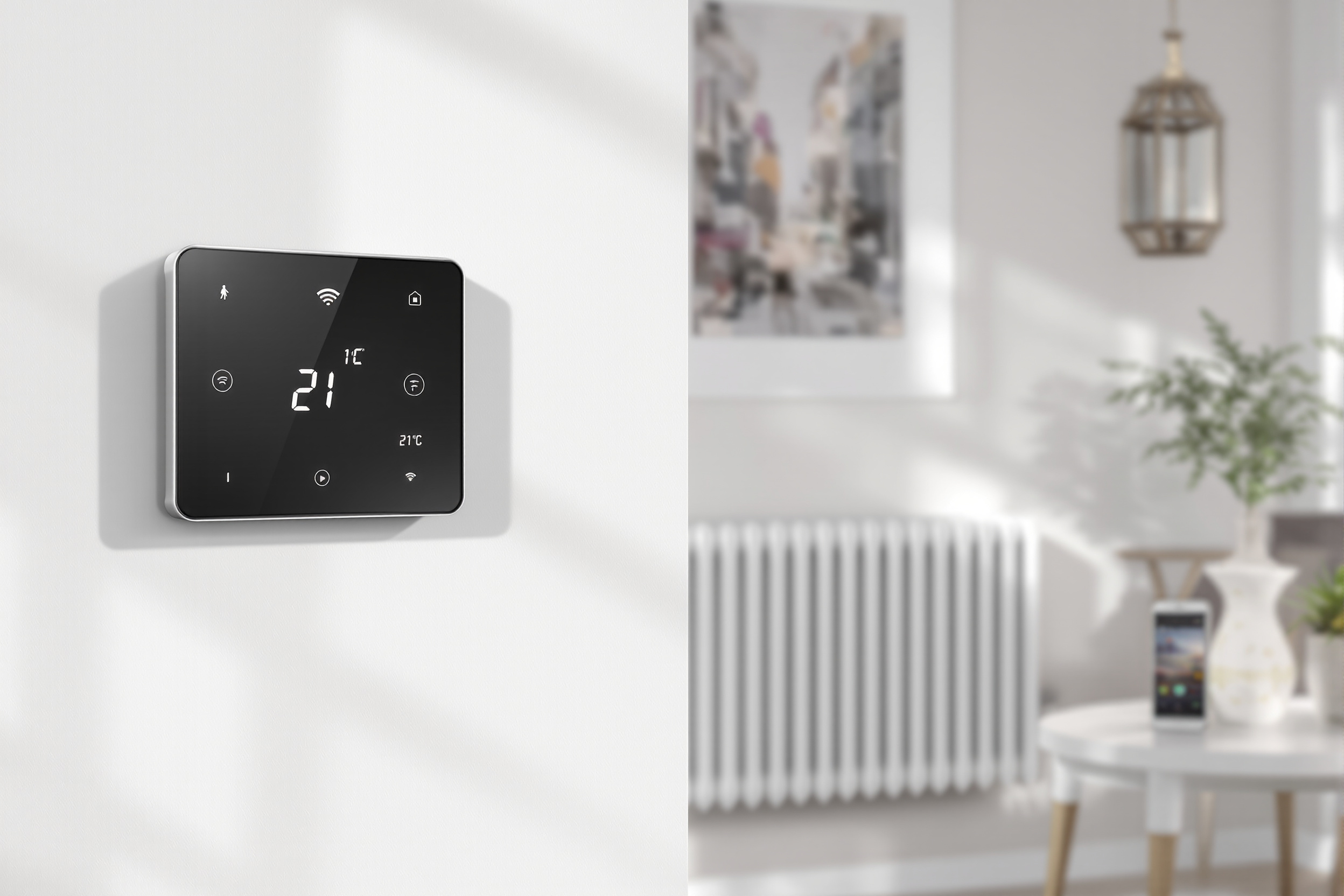 Thermostat connecté moderne installé dans un salon